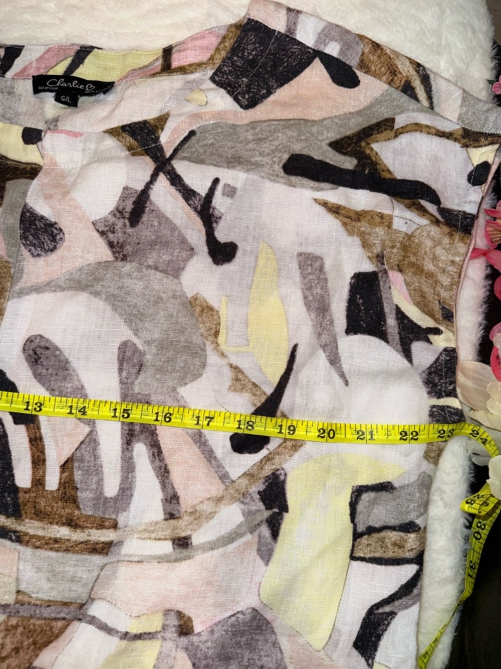 3 x 20$ Women’s Abstract Print Tie-Hem Top - White/Pink/Gray 100% Linen Size L - Picture 5 of 8